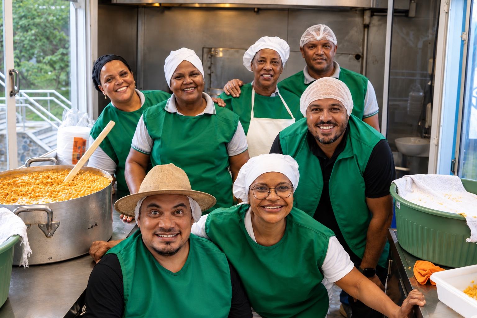 Equipe de cozinha comunitária, de colete verde e touca, sorri ao lado de uma panela grande de macarrão